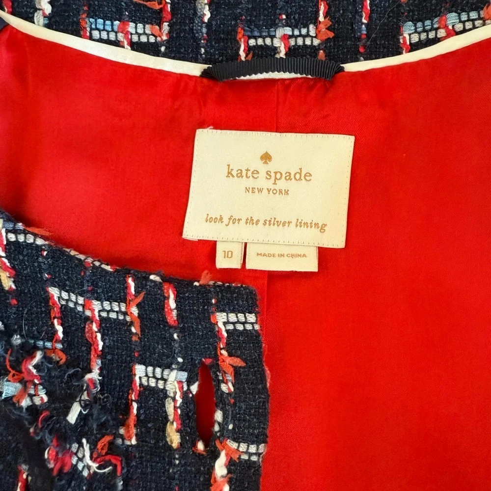 Kate Spade EUC Darby Tweed Cropped Blazer Navy Red Size 10